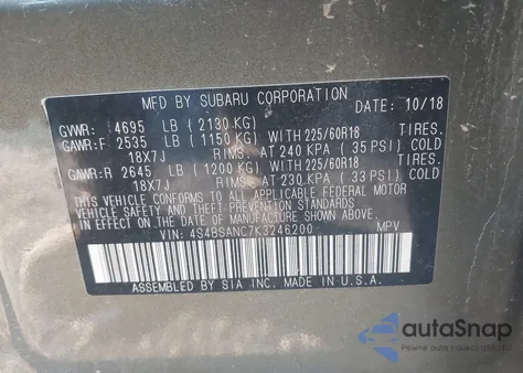 2019 Subaru Outback 2.5I Limited z USA, uszkodzony, nr VIN 4S4BSANC7K3246200